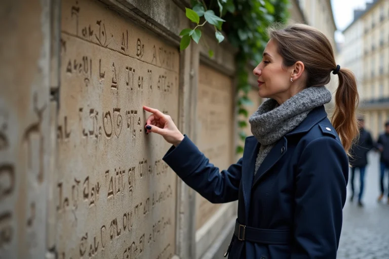 Femme curieuse touchant une vieille inscription parisienne