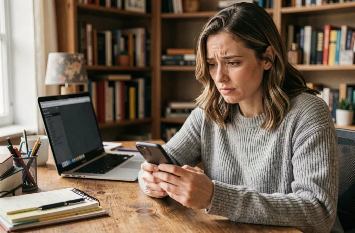 Femme utilisant son smartphone pour effectuer une recherche dans un annuaire inversé depuis son bureau à domicile