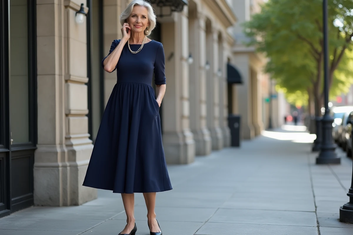 Femme en robe navy sur un trottoir urbain