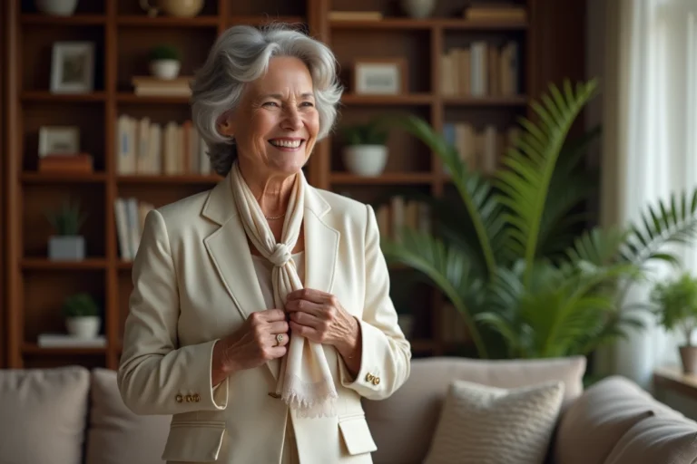 Femme senior élégante en blazer crème et foulard