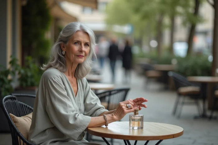 Femme de 70 ans appliquant son parfum en terrasse parisienne dans une ambiance raffinée