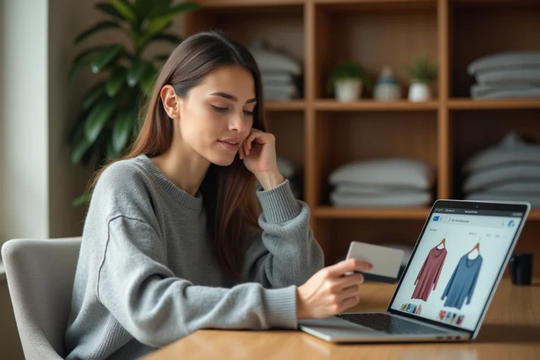 Femme consultant les soldes vestimentaires en ligne sur un ordinateur portable, carte bancaire en main, dans un bureau à domicile