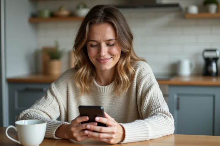 Femme souriante vérifiant ses finances sur smartphone dans la cuisine