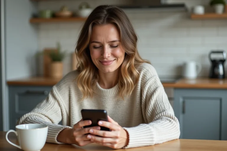 Femme souriante vérifiant ses finances sur smartphone dans la cuisine