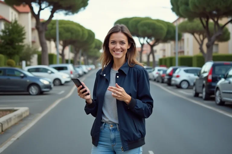 Femme souriante en ville d'Arcachon avec parking