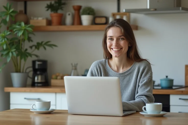 Jeune femme souriante travaillant sur son ordinateur dans une cuisine moderne