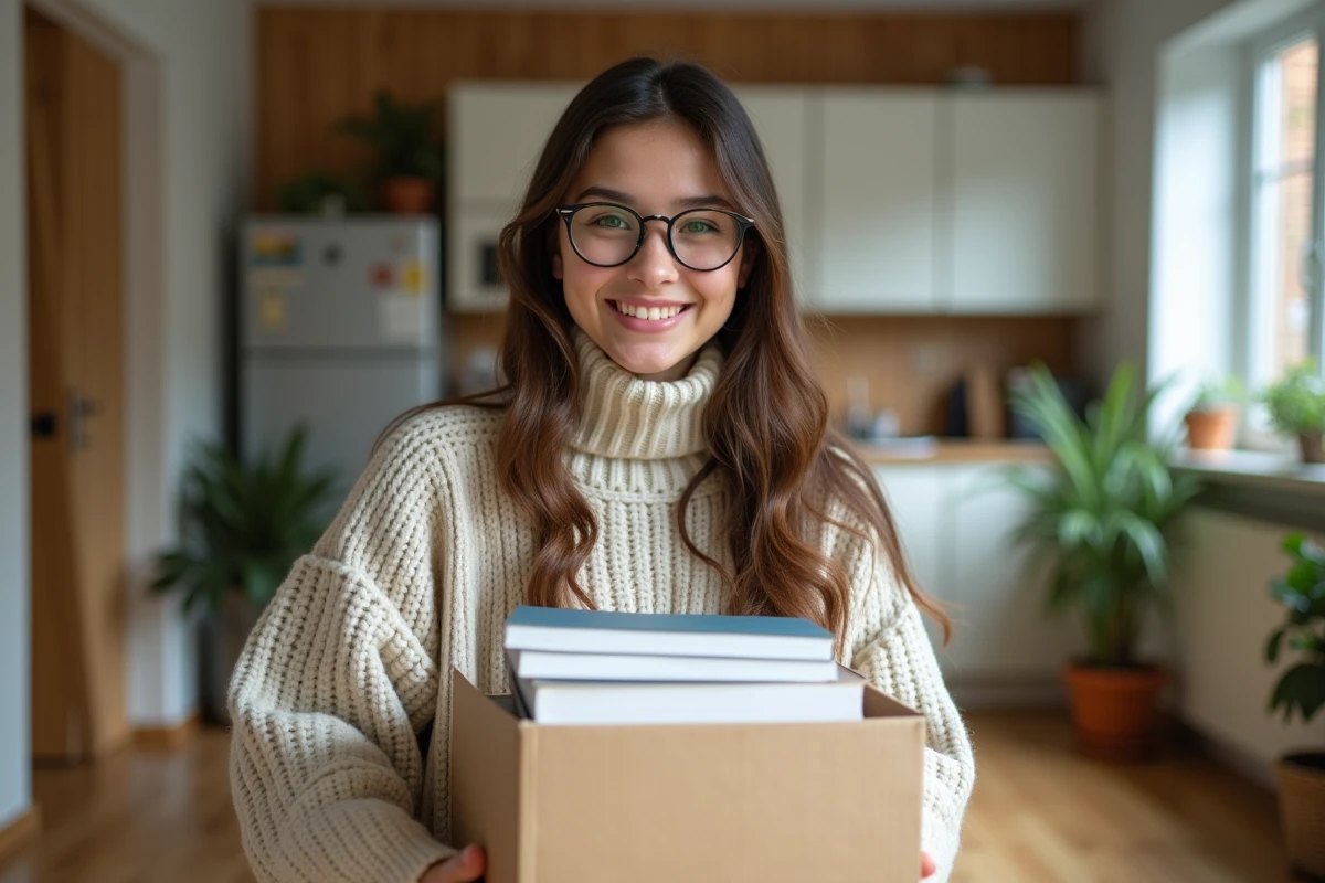 Jeune fille déballant des livres dans un studio lumineux