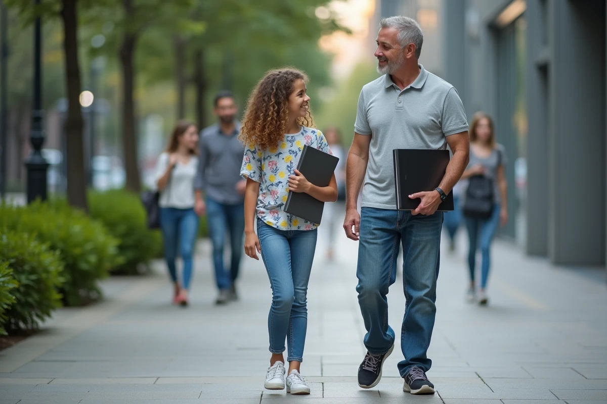 Fille et père discutant devant un bâtiment moderne
