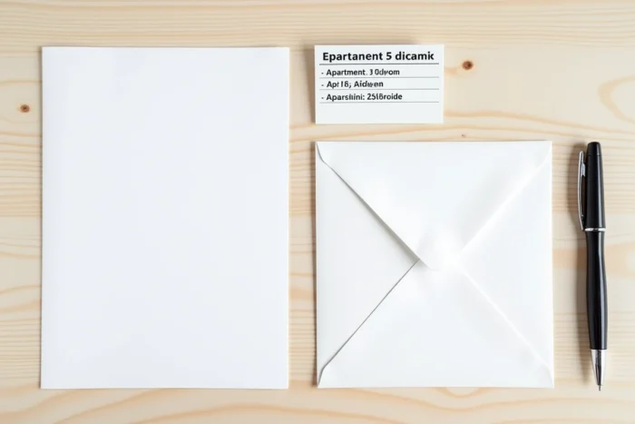 Vue aérienne d'une enveloppe officielle avec étiquette d'adresse postale montrant une abréviation d'appartement et un guide postal français