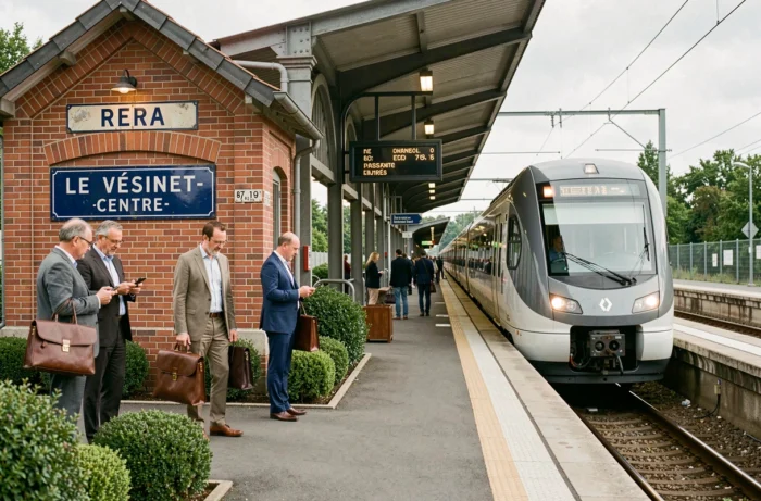 Quai de la gare du Vésinet-Centre avec arrivée du RER A et voyageurs en attente, transport en commun Île-de-France