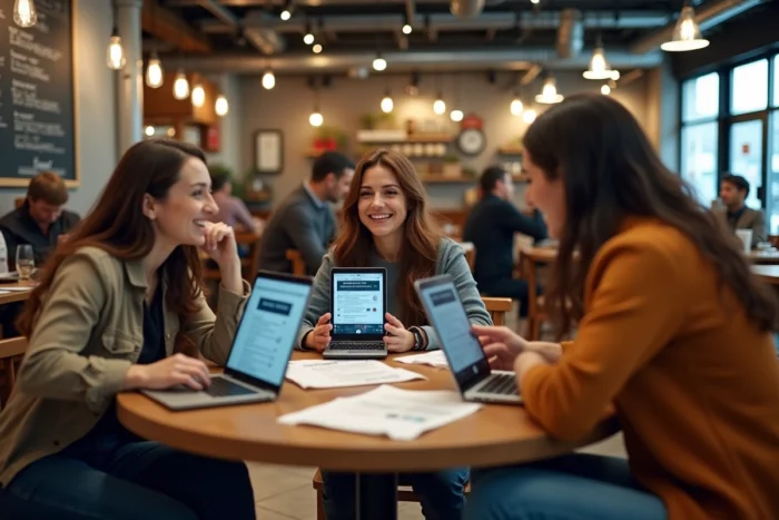 Groupe de personnes discutant de l'actualité et de la désinformation autour d'une table dans un café urbain animé