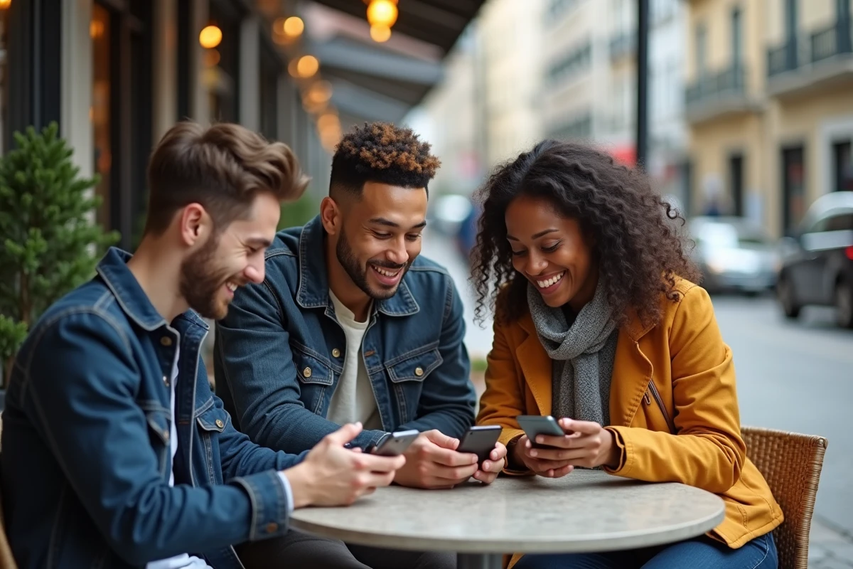 Groupe de jeunes discutant en ville avec smartphones