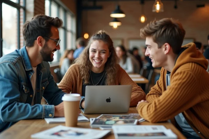 Groupe de jeunes branchés discutant autour d'un café moderne avec laptops et magazines de tendances