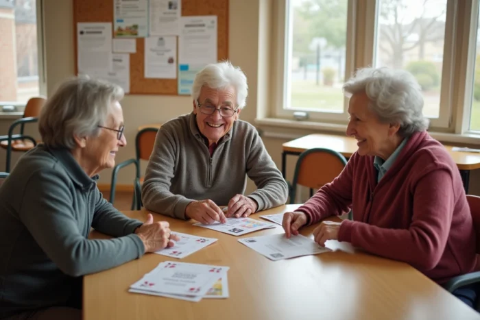 Un groupe de seniors participe à une activité sociale dans un centre communautaire proposant des services d'accompagnement