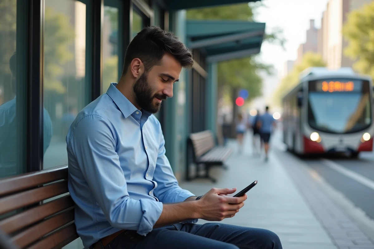 Jeune homme utilisant une application bancaire à un arrêt de bus