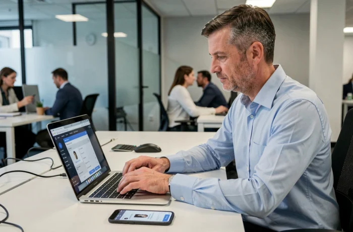 Homme en entreprise consultant un annuaire téléphonique inversé gratuit sur ordinateur portable et smartphone
