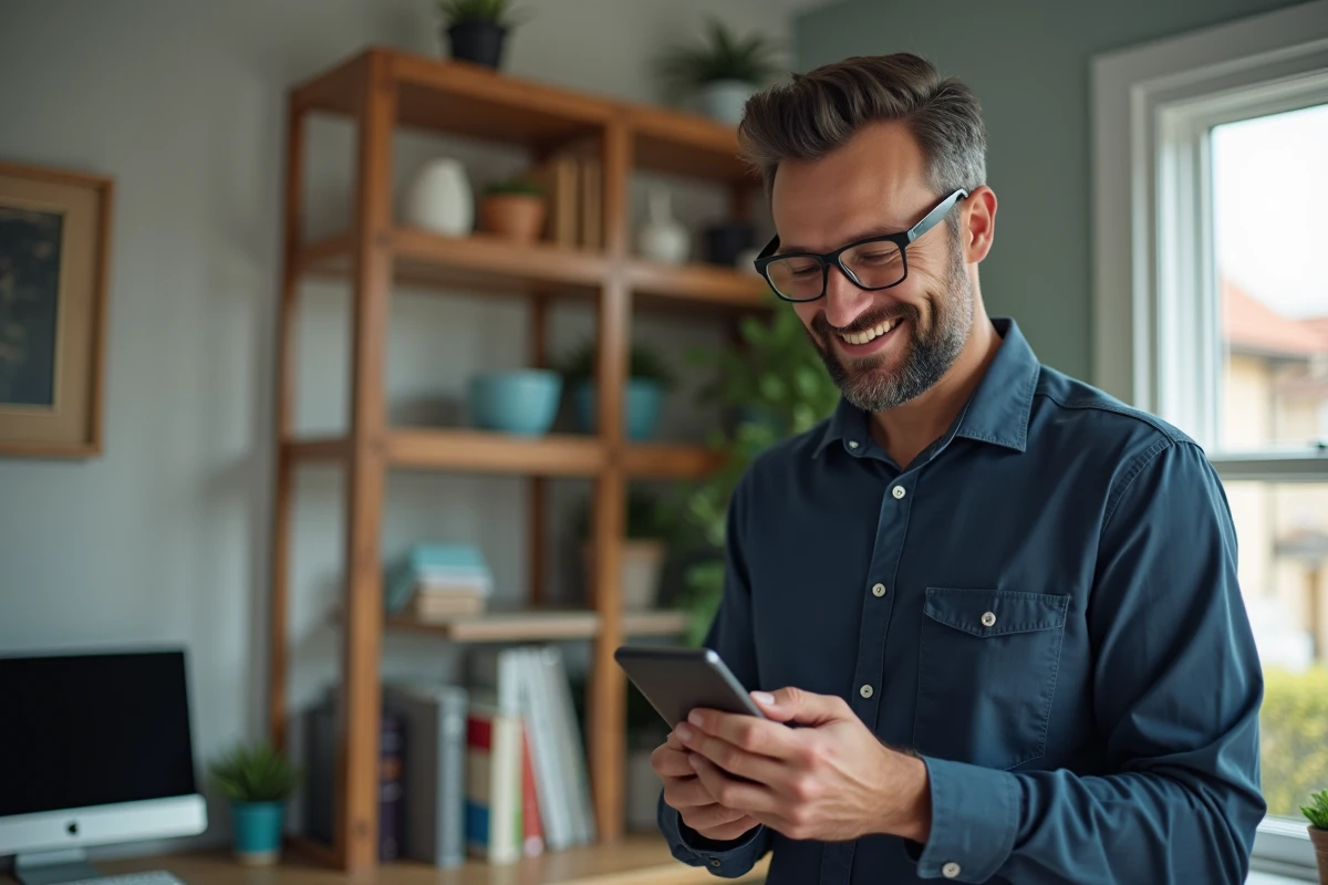 Homme d age moyen utilisant son smartphone dans un bureau lumineux