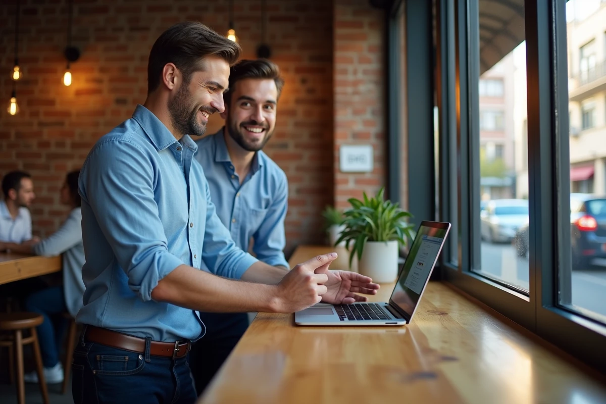 Homme au café discutant avec un ami devant son ordinateur
