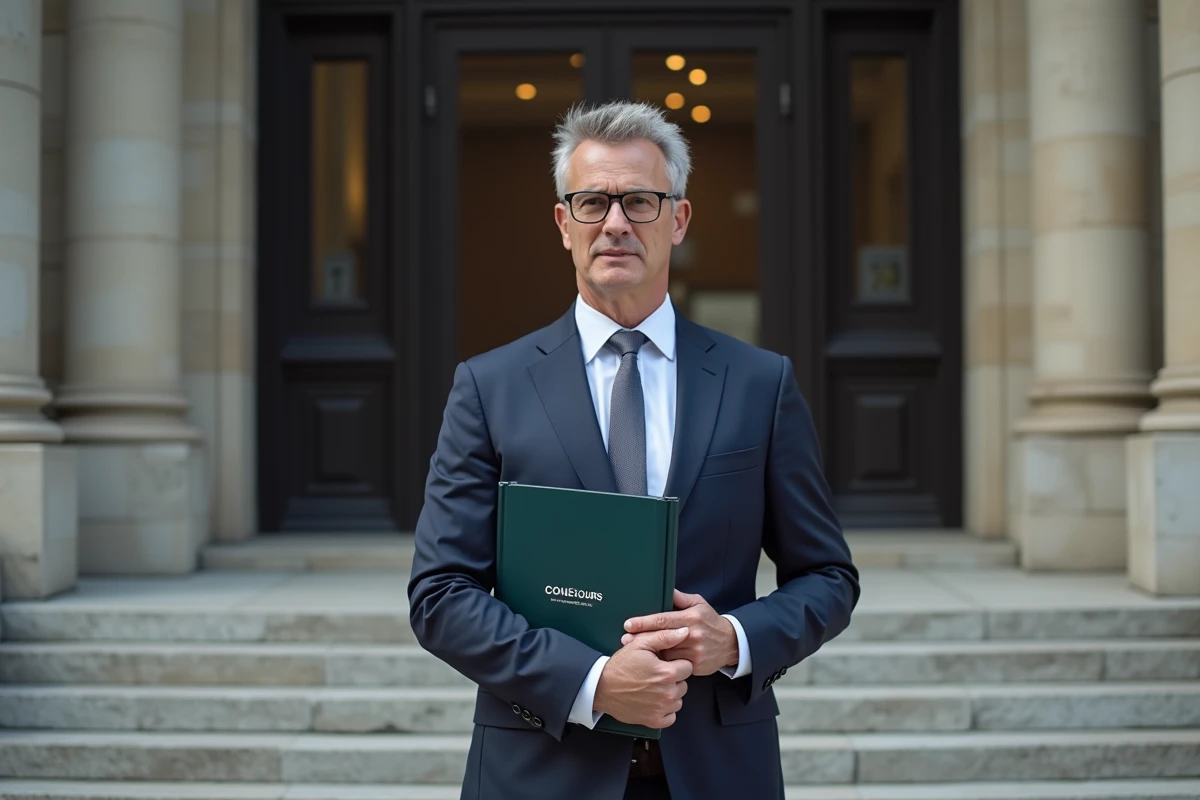 Homme en costume devant un bâtiment avec dossier concours