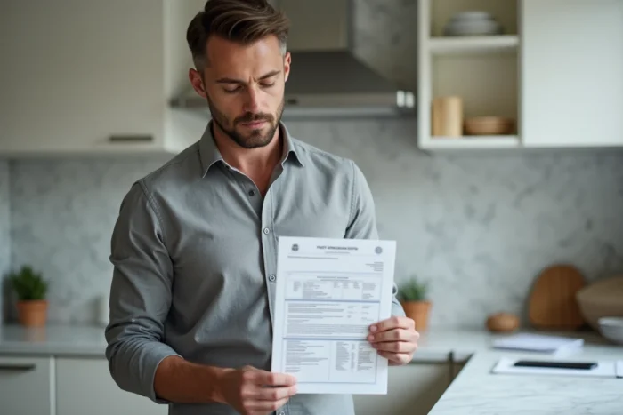Homme consultant un document officiel avec une adresse postale incluant une abréviation d'appartement dans une cuisine moderne