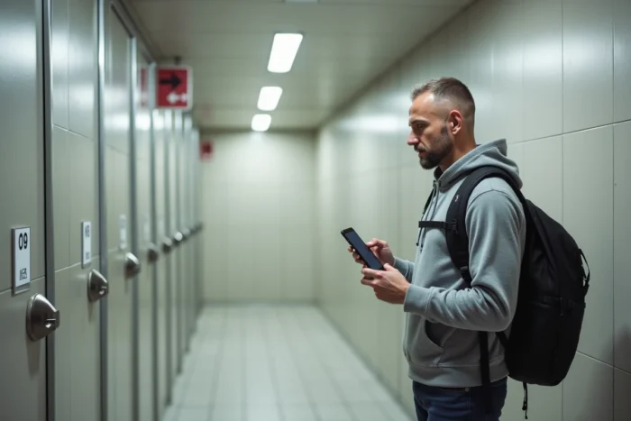 Homme avec sac à dos cherchant une douche disponible dans le couloir sanitaire d'une aire d'autoroute en France