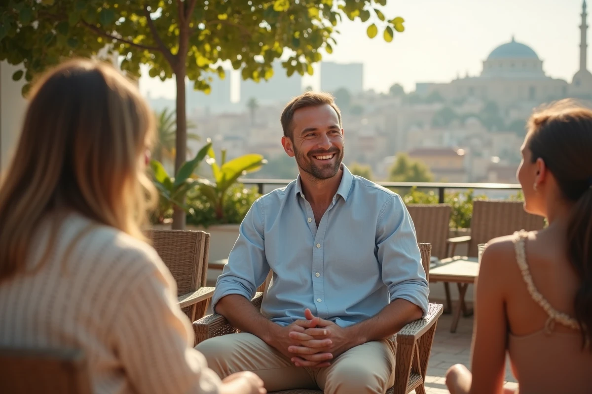 Homme détendu avec amis sur une terrasse en ville