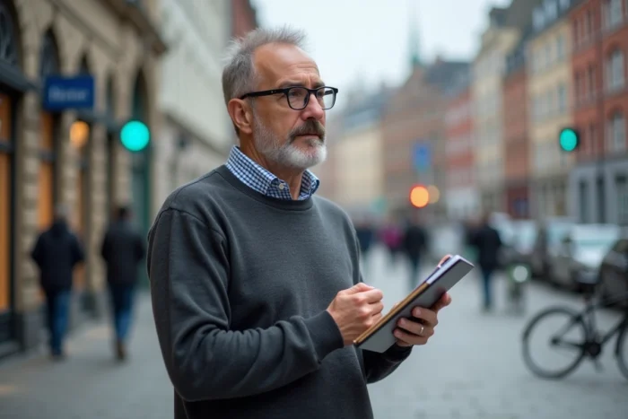 Homme consultant un site d'information citoyenne sur smartphone devant un bâtiment municipal