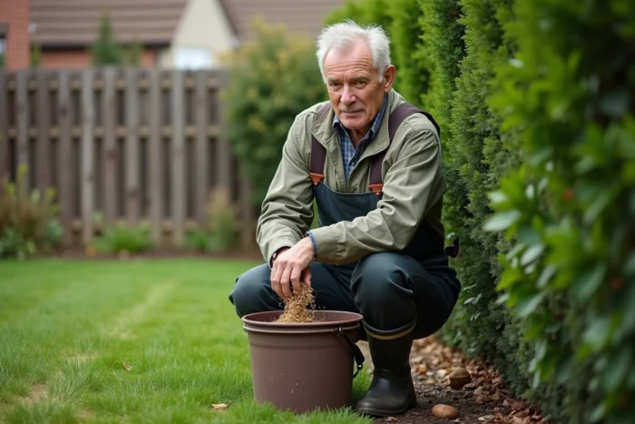 Homme en jardinage mélangeant Bordeaux près d'une haie de laurier