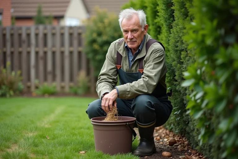 Homme en jardinage mélangeant Bordeaux près d'une haie de laurier
