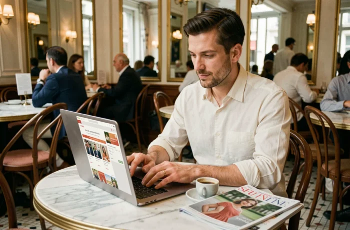Homme parcourant un répertoire de marques françaises en ligne sur un laptop dans une brasserie parisienne classique