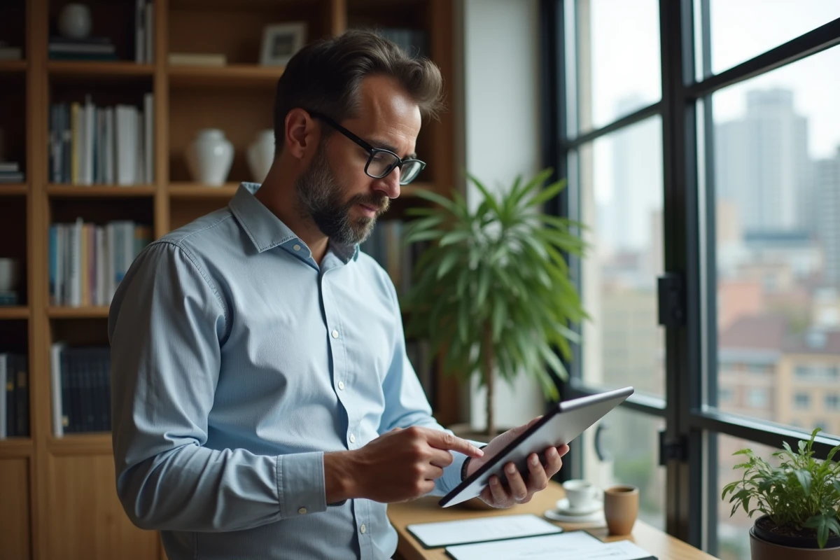 Homme examinant une estimation immobiliere sur une tablette