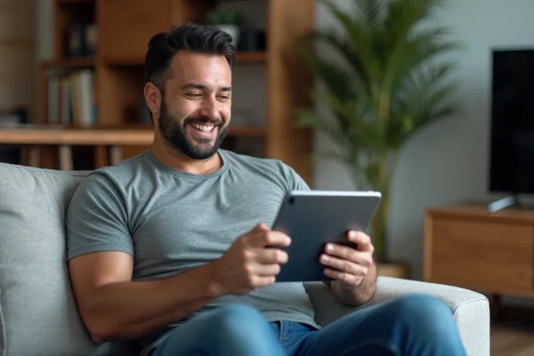Homme souriant utilisant une tablette avec interface Canal à la maison