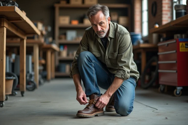 Homme en atelier attachant ses chaussures de travail robustes