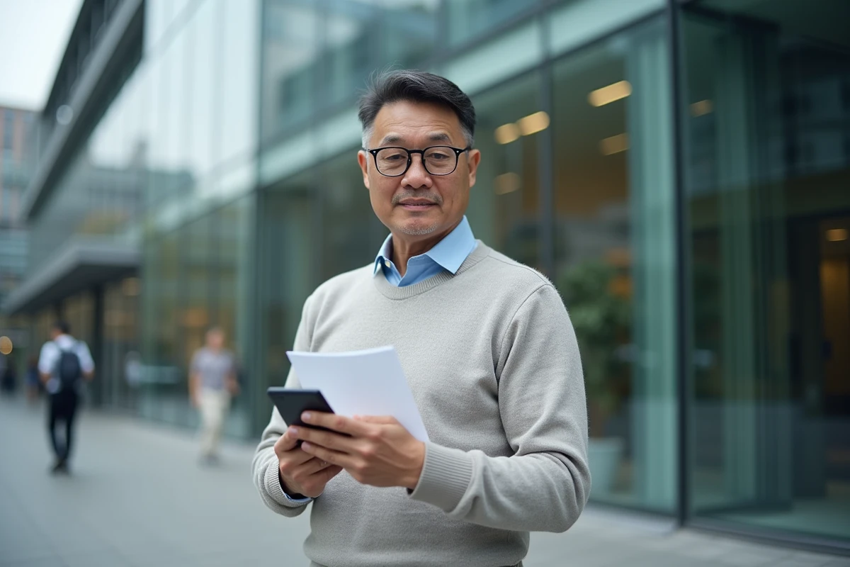 Homme d affaires regardant ses documents devant un bâtiment