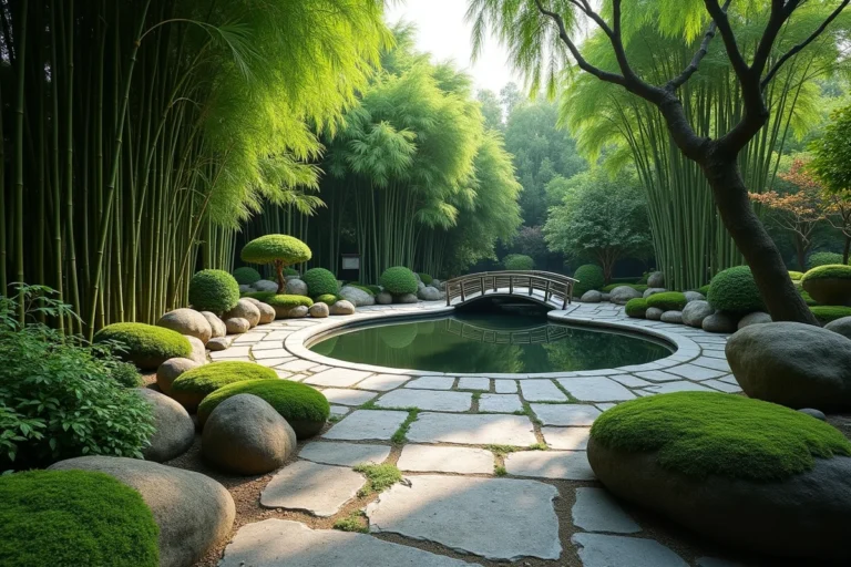 Allée de pierres sinueuse entourée de bambous et d'un pont en bois au-dessus d'un bassin à koïs dans le jardin de jade de Villefranche