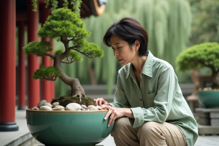 Femme admirant un bonsaï dans un pot en céramique jade devant un pavillon de style chinois au jardin exotique de Villefranche
