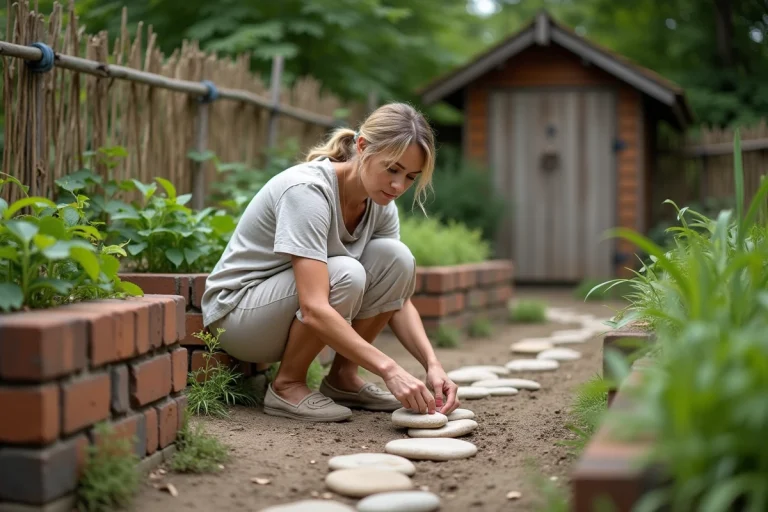 Femme d'âge moyen arrangeant des pierres dans son jardin naturel