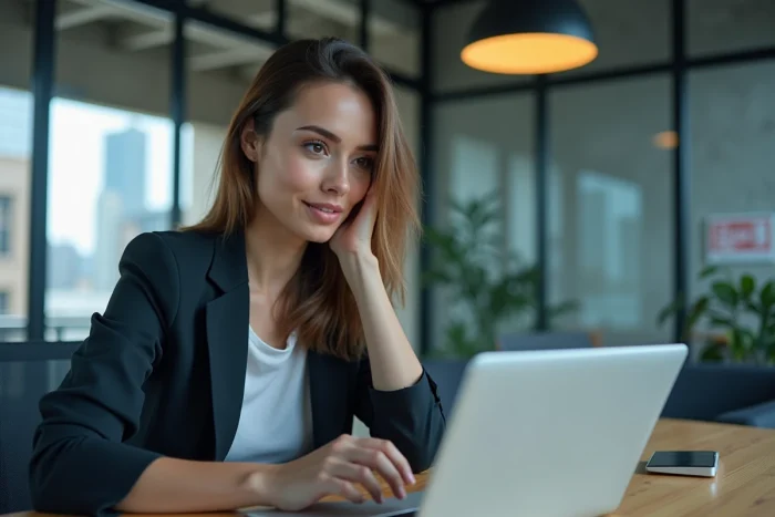 Jeune femme au bureau avec tableau de bord digital