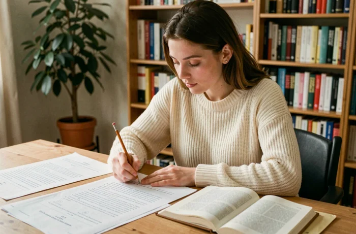 Jeune femme révisant des exercices corrigés de classes grammaticales sur un bureau en bois avec des feuilles imprimées et un manuel de grammaire ouvert
