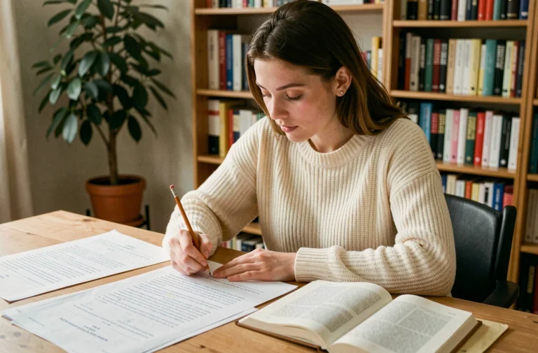 Jeune femme révisant des exercices corrigés de classes grammaticales sur un bureau en bois avec des feuilles imprimées et un manuel de grammaire ouvert