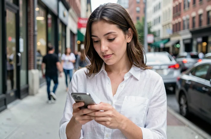 Jeune femme dans la rue consultant un annuaire inversé gratuit sur son téléphone portable pour retrouver un numéro inconnu