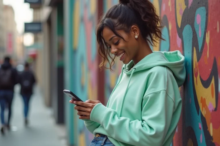 Jeune femme branchée en hoodie pastel consultant son smartphone devant une fresque urbaine colorée en 2024