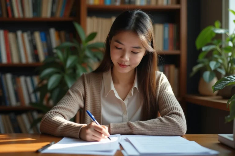 Jeune femme concentrée à son bureau avec papiers et livres