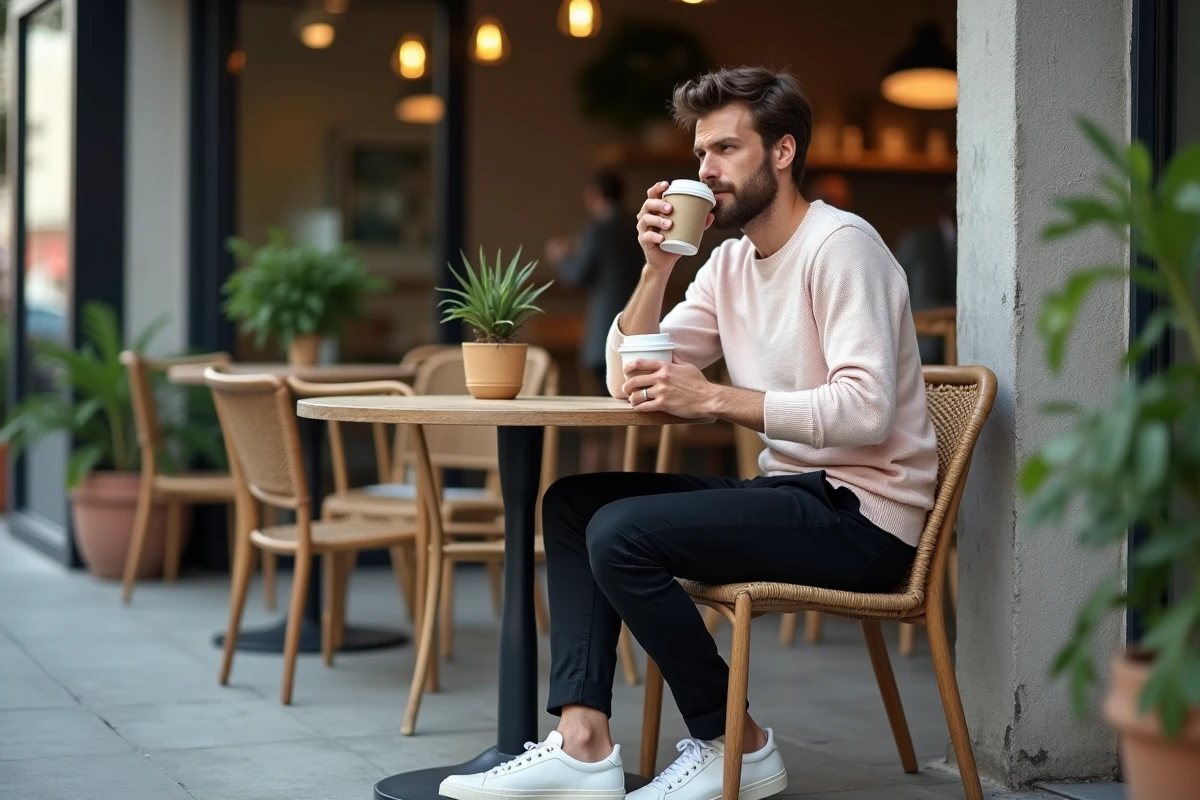 Jeune homme détendu au café terrasse en ville