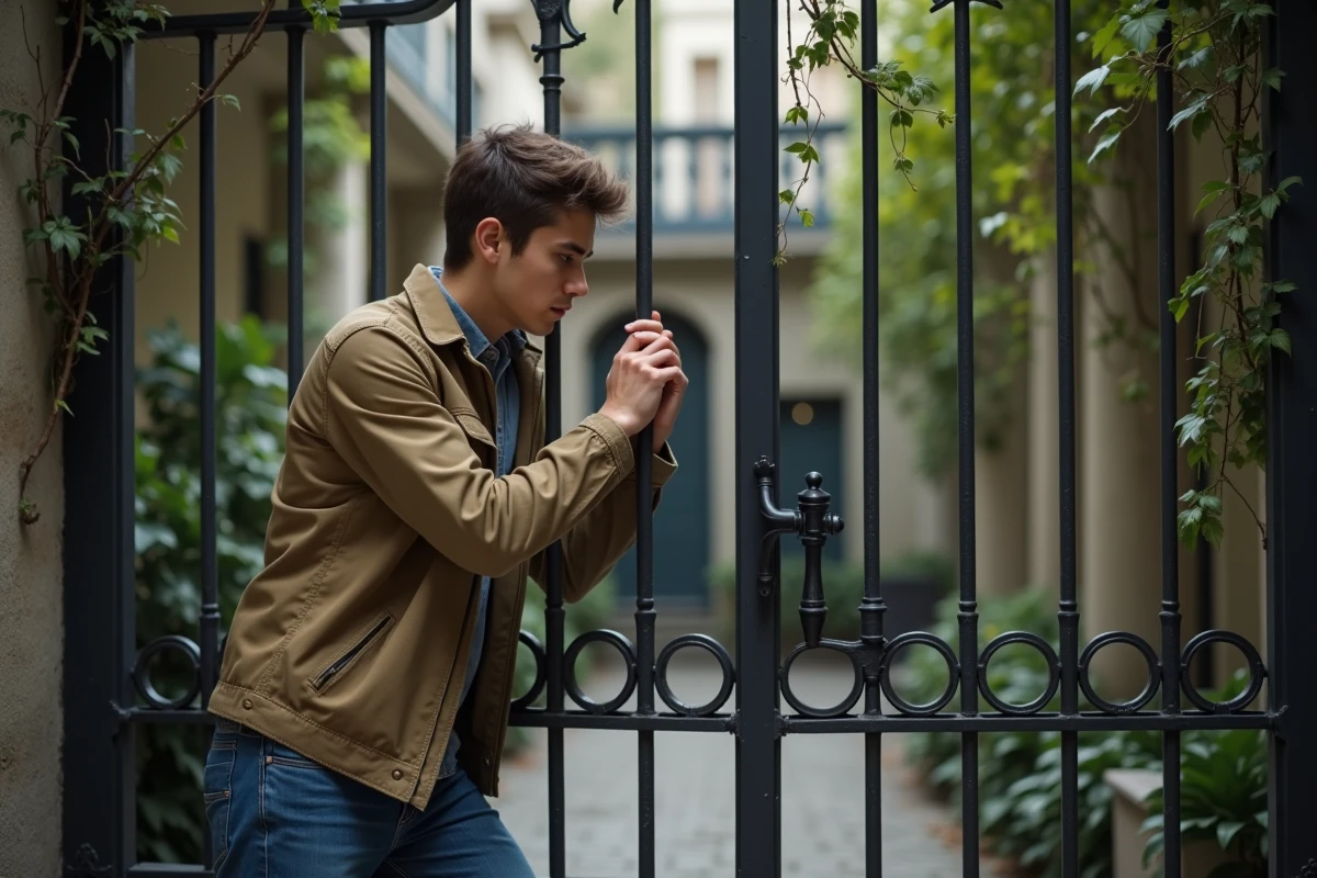 Jeune homme regardant à travers une grille en fer forgé à Paris