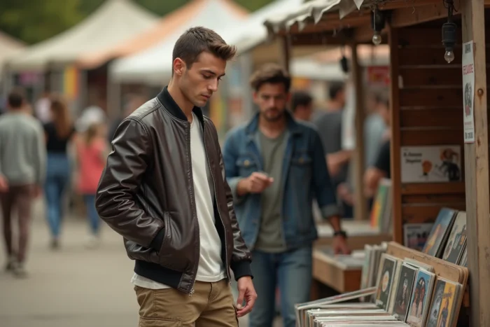 Jeune homme en veste bomber vintage fouillant des vinyles dans un marché aux puces tendance en 2024