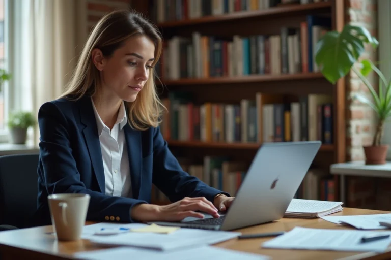 Journaliste citoyenne travaillant sur un site d'information en ligne depuis son bureau à domicile
