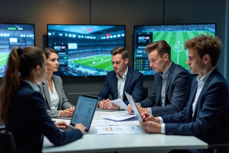 Groupe de journalistes sportifs en réunion dans une newsroom