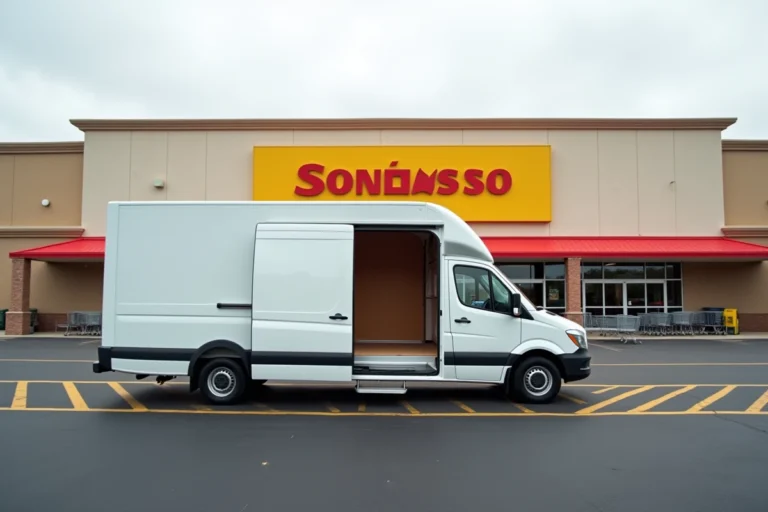 Camionnette de location blanche garée devant un magasin de meubles grande surface, vue extérieure du véhicule utilitaire disponible à la location