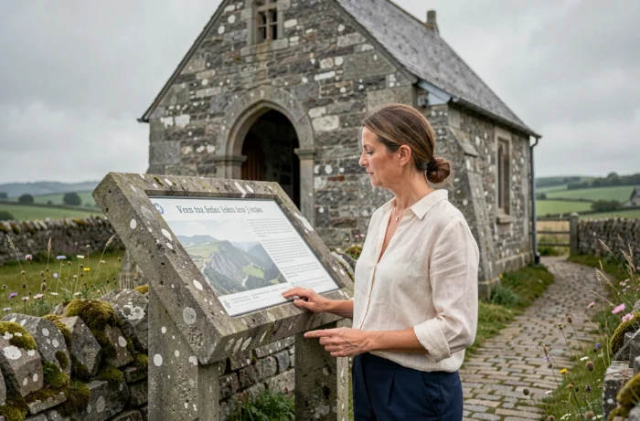 Femme explorant un patrimoine architectural breton devant une chapelle en granite à la campagne bretonne